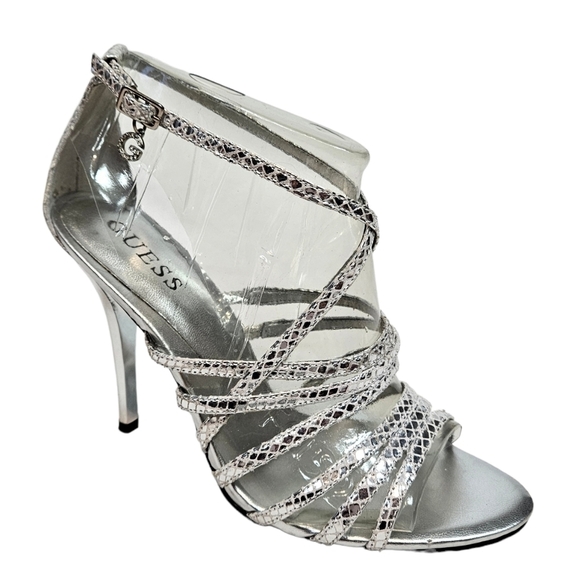 Guess Metallic Silver Leather Strappy Stiletto High Heels Size 6 Women's - Picture 2 of 13